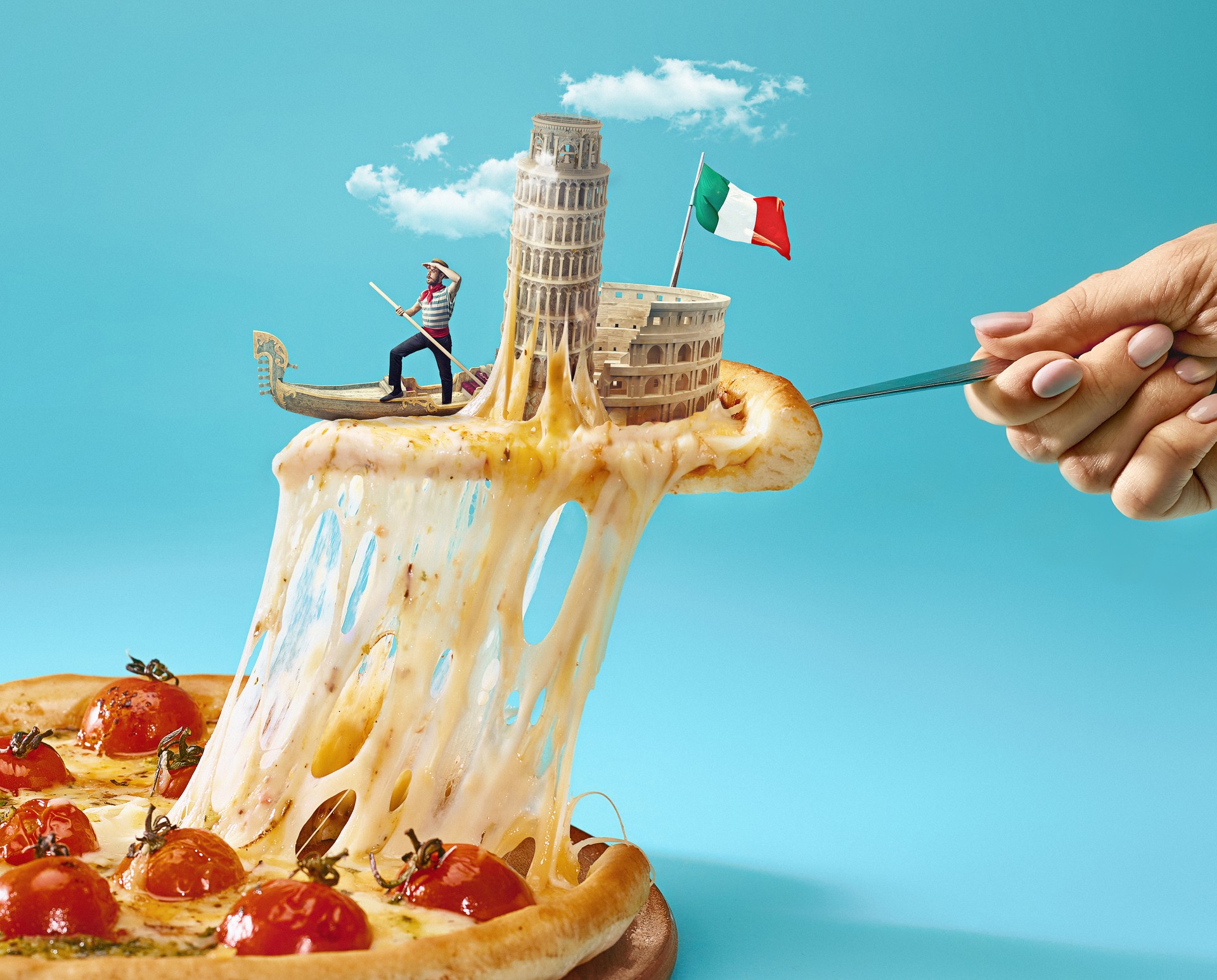 The collage about Italy with female hand, gondolier, pizza and and major sights